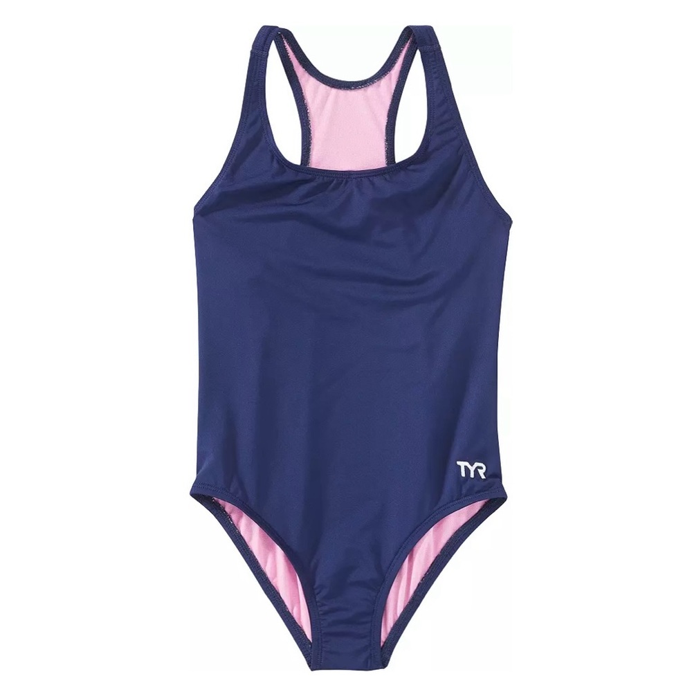 NWT TYR girls Ella max fit Navy Blue and Pink one piece Swimsuit size L(10-12)